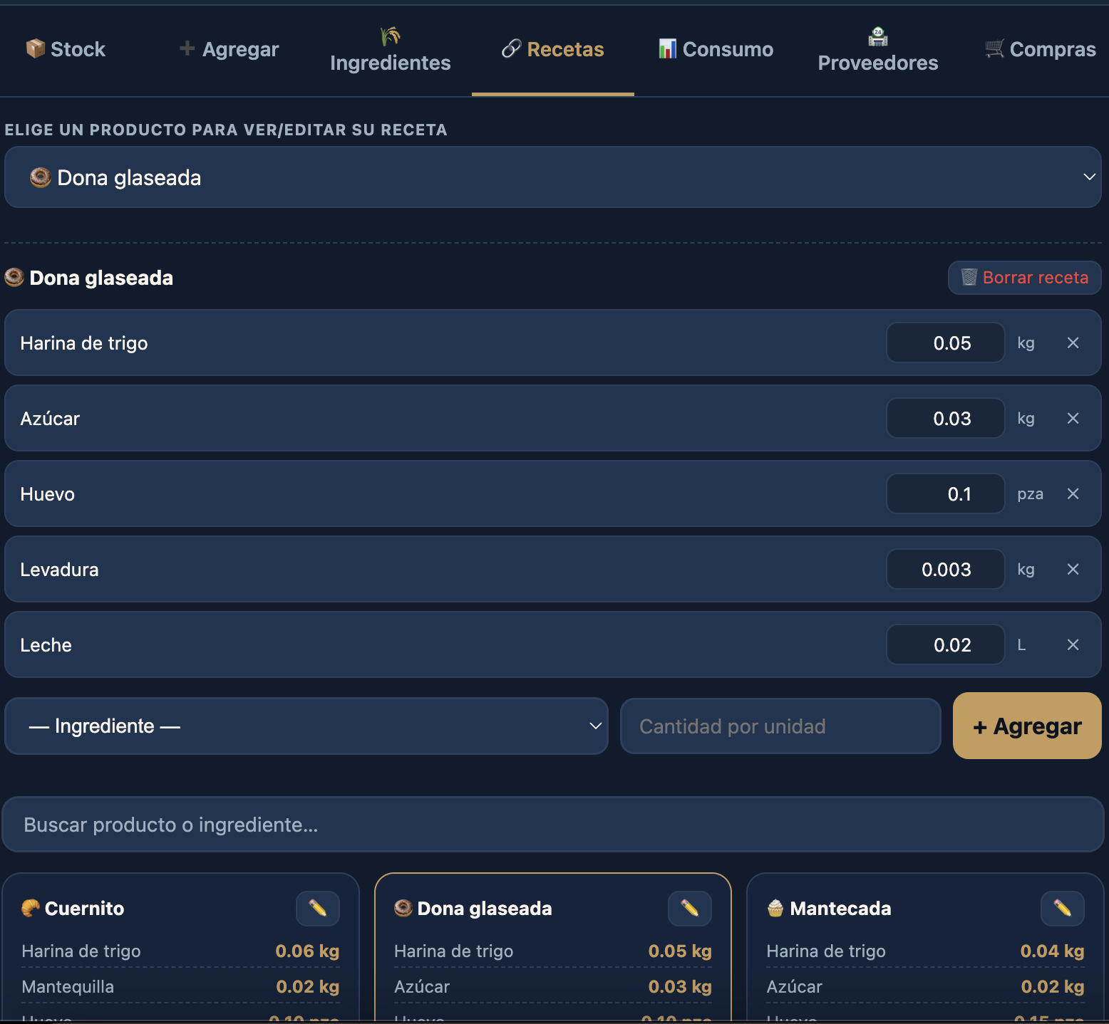 Editor de recetas e ingredientes en GAIA
